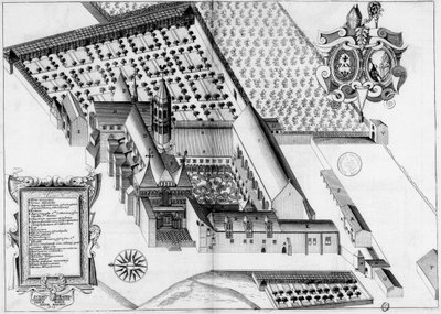 Gravure uit de 17e eeuw van de abdij van La Sauve-Majeure, in Frankrijk, in het boek Monasticon Gallicanum door Michel Germain